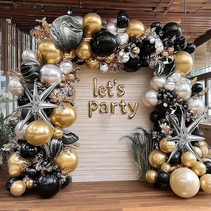 Black Gold Silver Balloon Garland Arch Kit with Star Balloons Party Decor
