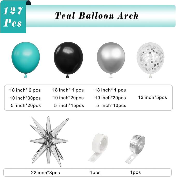 Teal Black Silver Balloon Garland Arch Kit 127pcs for Party Baby Shower Decor