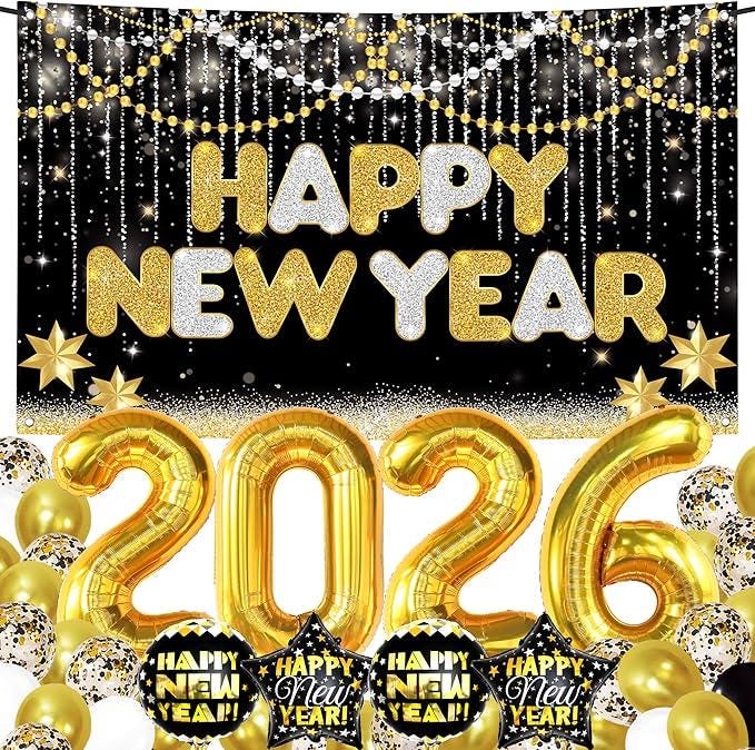 Gold Black New Year 2026 Party Kit 44pcs Banner Balloon Numbers Decor