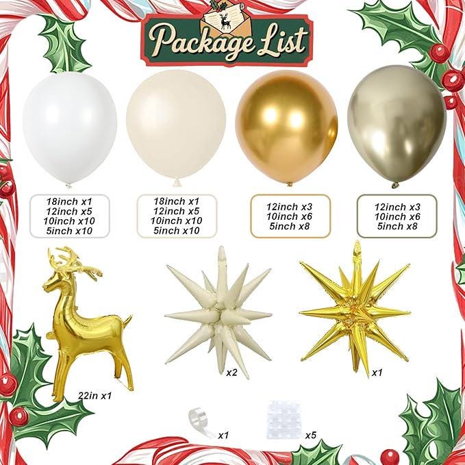 White Gold Christmas Balloon Garland Arch Kit with Star Reindeer Party Decor