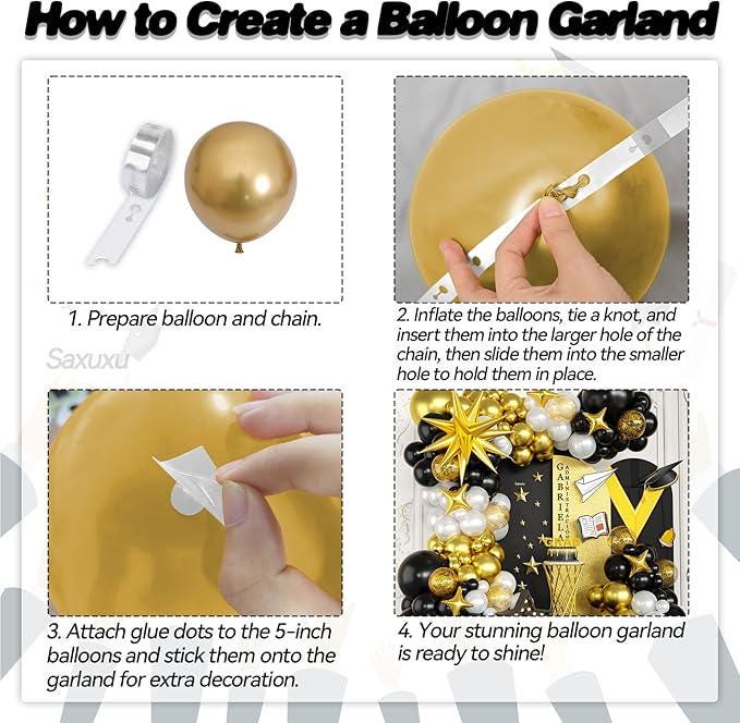 Black Gold White Balloon Garland Arch Kit with Star Confetti Balloons Party Decor