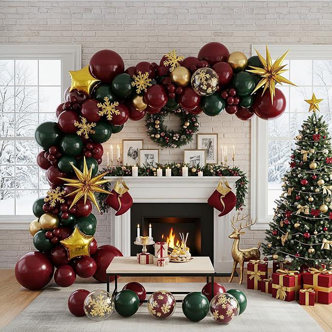Maroon Green Gold Christmas Balloon Arch Star Balloons Snowflake Garland Decor