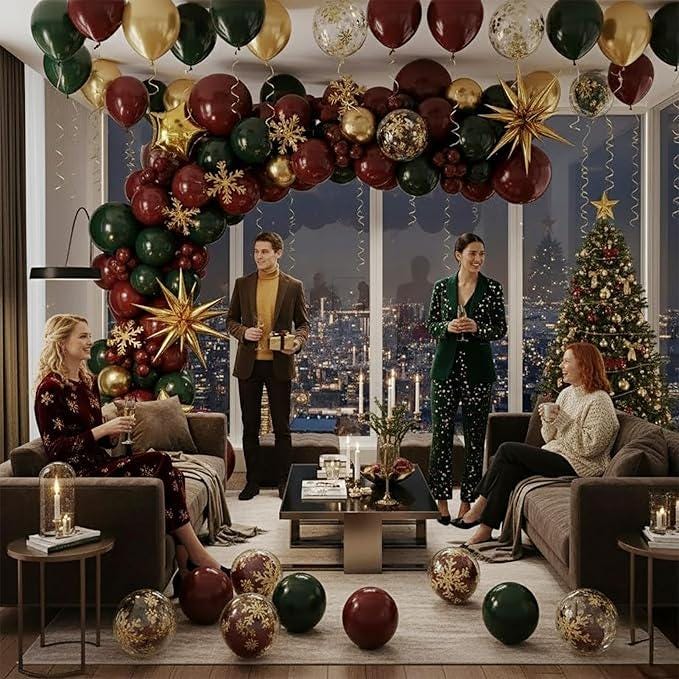 Maroon Green Gold Christmas Balloon Arch Star Balloons Snowflake Garland Decor