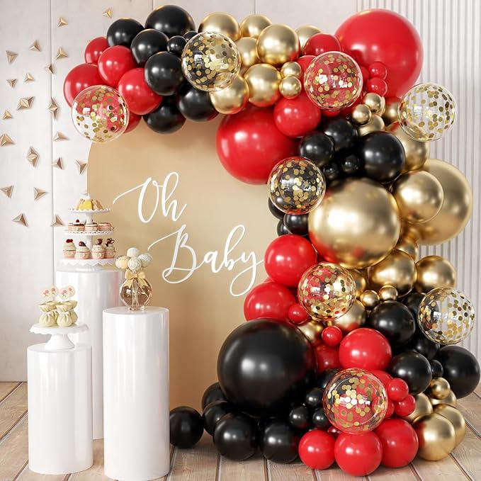 Red Black Gold Balloon Garland Kit with Confetti for Graduation Party Decor
