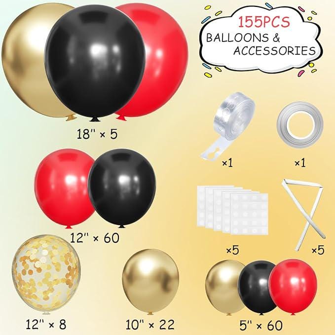 Red Black Gold Balloon Garland Kit with Confetti for Graduation Party Decor
