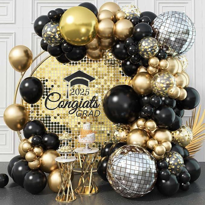 Black Gold Balloon Garland Arch Kit with Disco Balloons for Party Decor