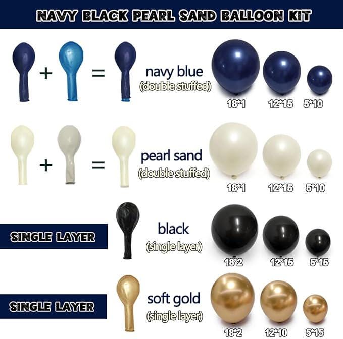 Navy Blue Black Balloon Arch Kit with Pearl Gold for Birthday Graduation Party