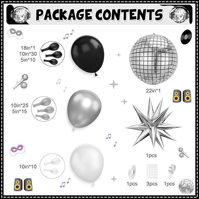 Black Silver Disco Balloon Arch Kit with Star Balloons for Birthday Graduation Party