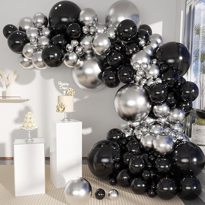 Black Silver Balloon Garland Arch Kit 135pcs for Birthday Graduation Party Decor