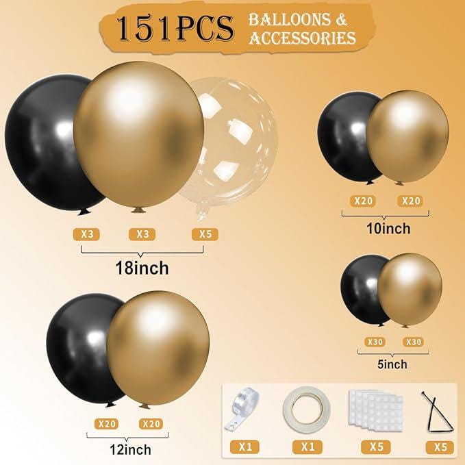 Black Gold Balloon Garland Arch Kit 151pcs for Birthday Graduation Party Decor