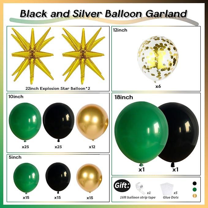 Dark Green Black Balloon Arch Kit 123pcs with Confetti Star Balloons for Party Decor