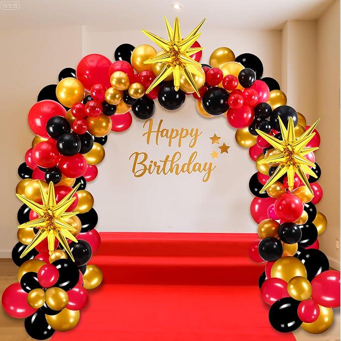 Red Black Gold Balloon Garland Arch Kit 158pcs with Stars for Casino Birthday Party