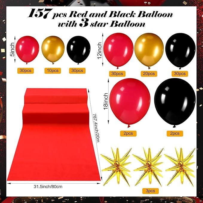Red Black Gold Balloon Garland Arch Kit 158pcs with Stars for Casino Birthday Party