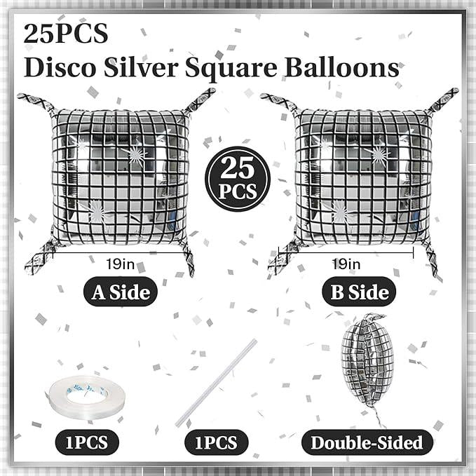 Silver Disco Square Foil Balloons 25pcs for Retro Birthday Graduation Party Decor