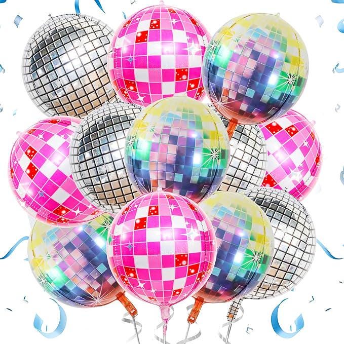 12 Pcs 22 Inch Disco Balloons Pink Silver 4D Party Decorations 70s 90s