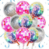 12 Pcs 22 Inch Disco Balloons Pink Silver 4D Party Decorations 70s 90s