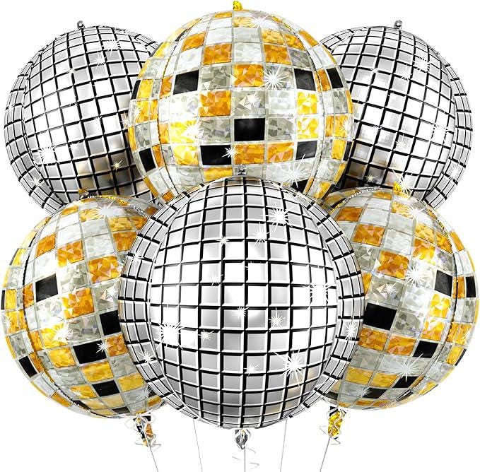 6 Pcs 22 Inch Multicolor Black Silver Gold Disco Ball Balloons 4D Party Decorations