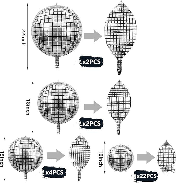 30 Metallic Silver Disco Ball Balloons - 70s Party Decorations