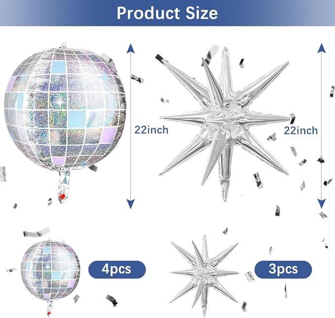 Iridescent Disco Ball Balloons 7 Pcs with Star Balloons Cake Topper Party Decorations 70s