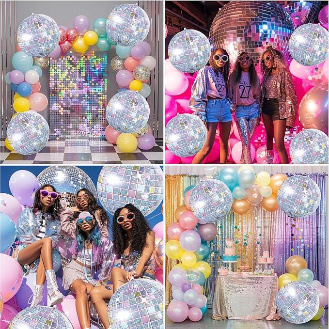 4 Pcs Iridescent Disco Ball Balloons Huge Silver Foil Party Decorations 70s 90s