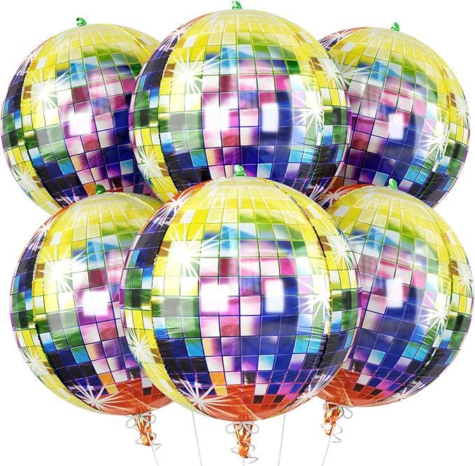 6 Pcs 22 Inch Multicolor Rainbow Disco Ball Balloons 4D Party Decorations 70s 90s