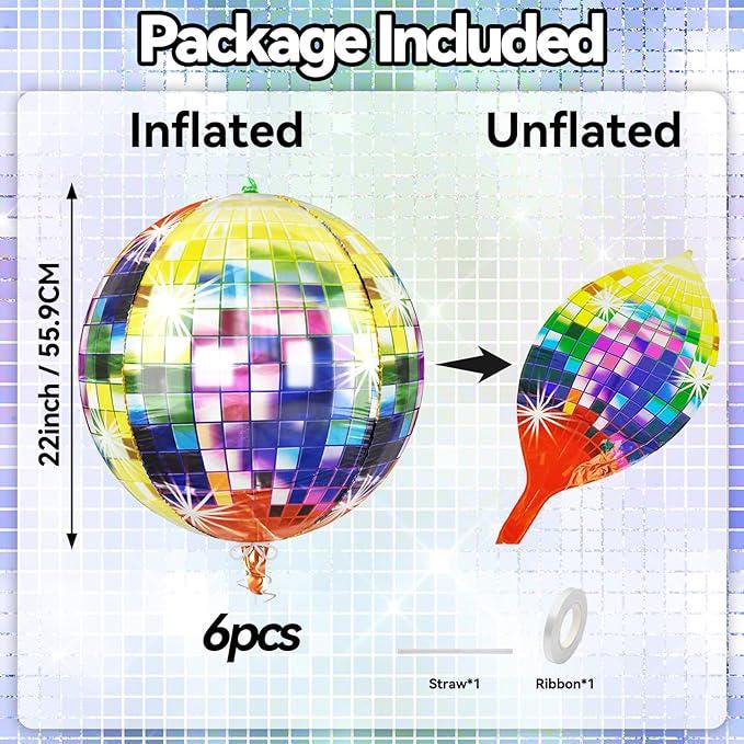 6 Pcs 22 Inch Multicolor Rainbow Disco Ball Balloons 4D Party Decorations 70s 90s