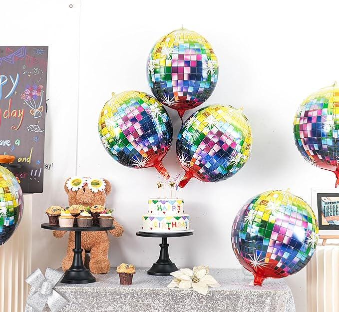 6 Pcs 22 Inch Multicolor Rainbow Disco Ball Balloons 4D Party Decorations 70s 90s