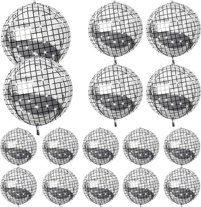 Metallic Silver Disco Ball Balloons, 70s Party Decorations, Set of 16