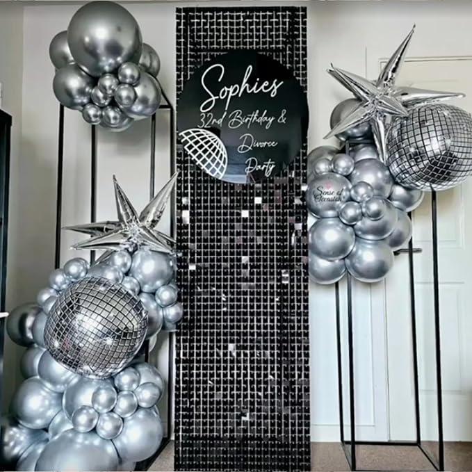 Metallic Silver Disco Ball Balloons, 70s Party Decorations, Set of 16