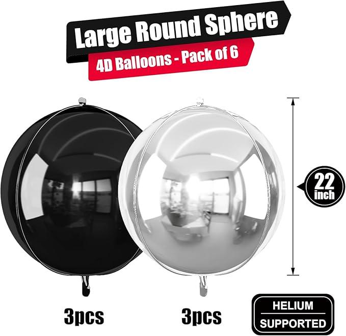 6Pcs Black Silver Round Foil Balloons 22inch Metallic Balloons for Party Decor