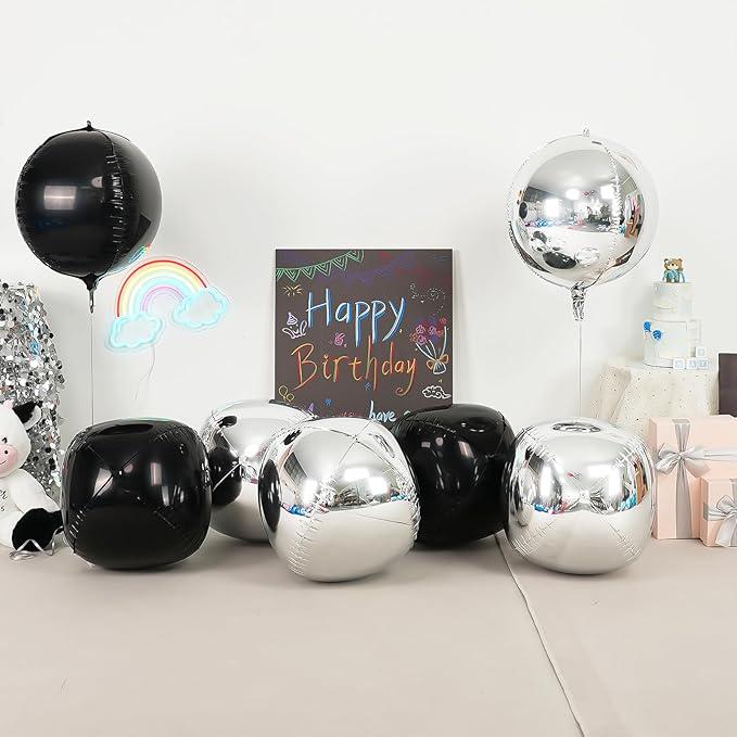 6Pcs Black Silver Round Foil Balloons 22inch Metallic Balloons for Party Decor