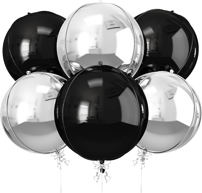 6Pcs Black Silver Round Foil Balloons 22inch Metallic Balloons for Party Decor