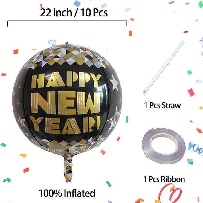 Happy New Year 4D Round Balloons, Metallic Foil Decor (10 Pcs)