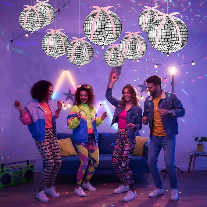 24 Pcs Silver Disco Balloons Mixed Sizes with Pink Ribbon 4D Party Decorations