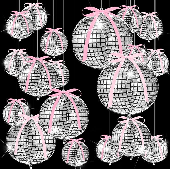 24 Pcs Silver Disco Balloons Mixed Sizes with Pink Ribbon 4D Party Decorations