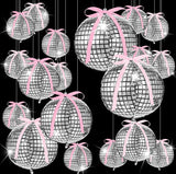 24 Pcs Silver Disco Balloons Mixed Sizes with Pink Ribbon 4D Party Decorations
