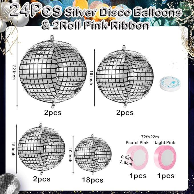 24 Pcs Silver Disco Balloons Mixed Sizes with Pink Ribbon 4D Party Decorations