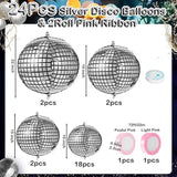 24 Pcs Silver Disco Balloons Mixed Sizes with Pink Ribbon 4D Party Decorations