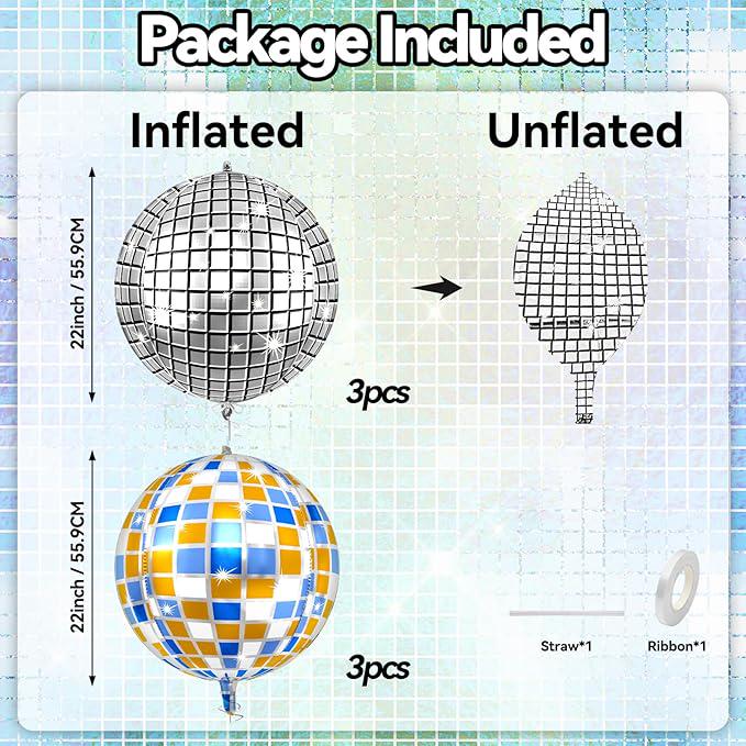6pcs 22 Inch Silver Disco Ball Balloons Blue and Orange Foil Party Decorations