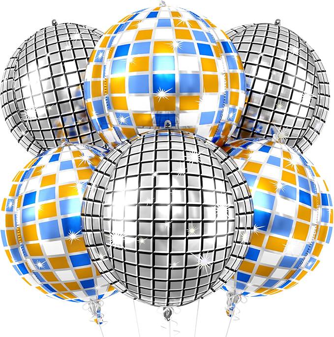 6pcs 22 Inch Silver Disco Ball Balloons Blue and Orange Foil Party Decorations