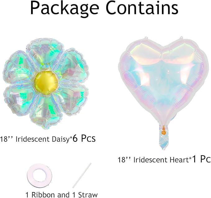 7 Pcs Iridescent Daisy and Heart Balloons Holographic Party Decorations
