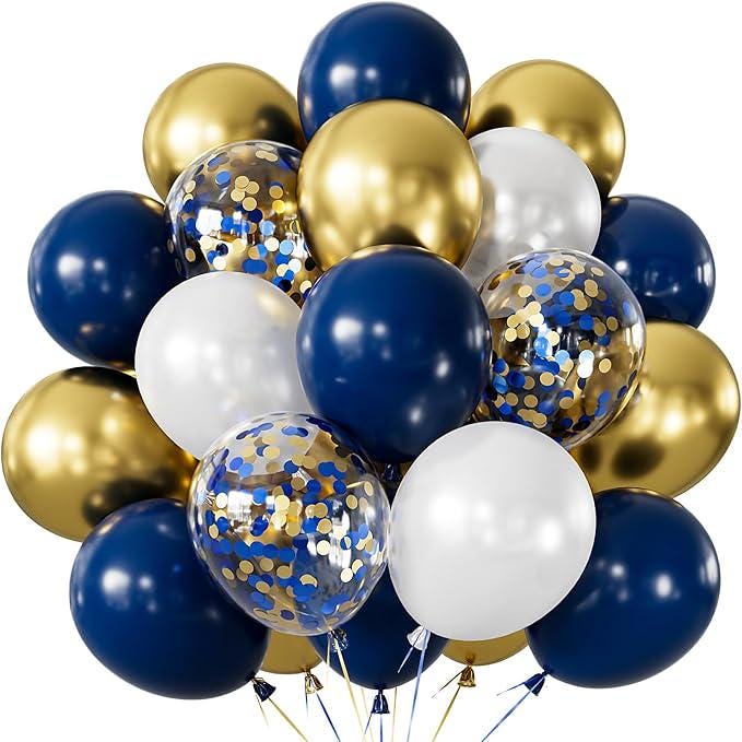 60 Pcs 12 Inch Navy Blue Gold Confetti Latex Balloons Party Decorations