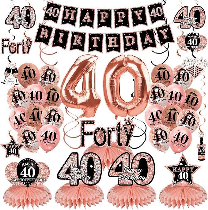34 Pcs Rose Gold 40th Birthday Decorations Kit for Women Party Supplies