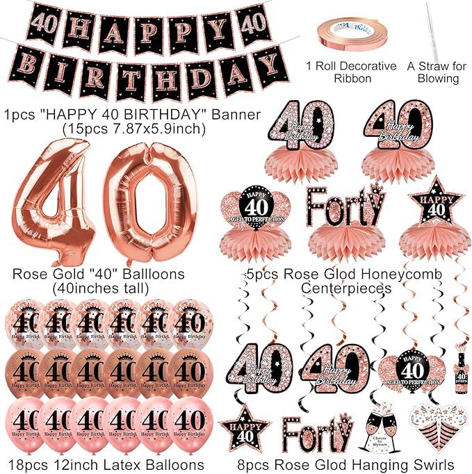34 Pcs Rose Gold 40th Birthday Decorations Kit for Women Party Supplies