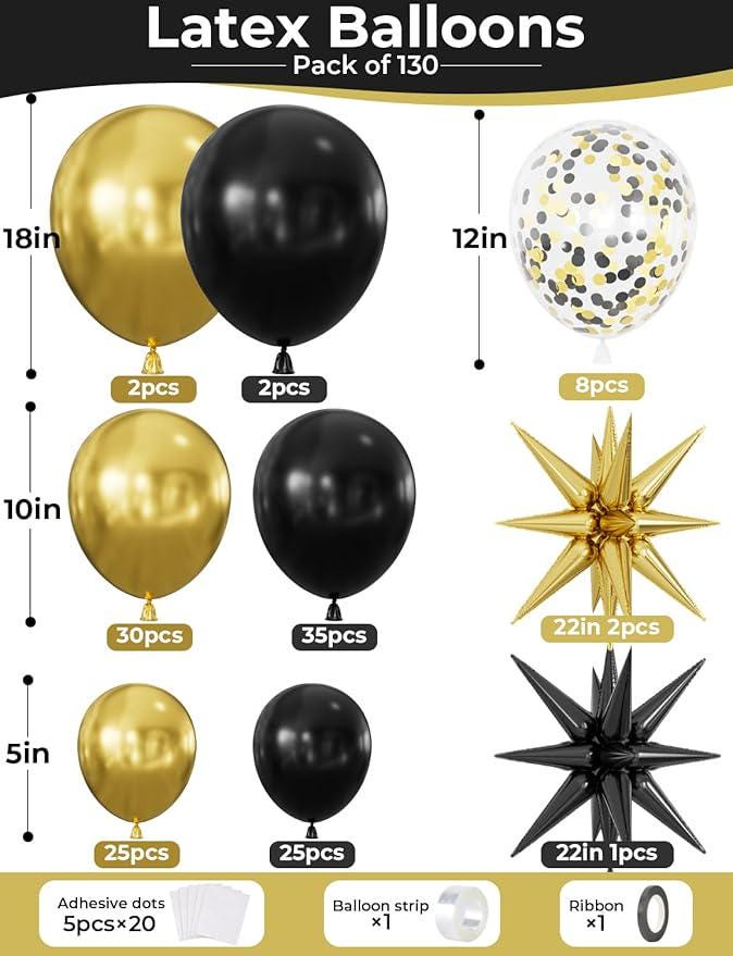 130 Pcs Black Gold Balloon Arch Garland Kit Confetti Star Foil Balloons Party Decor