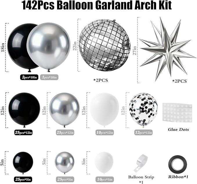 Black Silver White Balloon Garland Arch Kit Disco Balloons Party Decorations