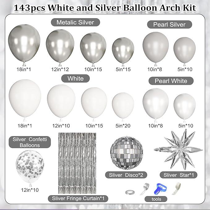 143 Pcs Disco Party Balloon Garland Arch Kit White Silver Confetti Balloons Party Decor