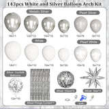 143 Pcs Disco Party Balloon Garland Arch Kit White Silver Confetti Balloons Party Decor