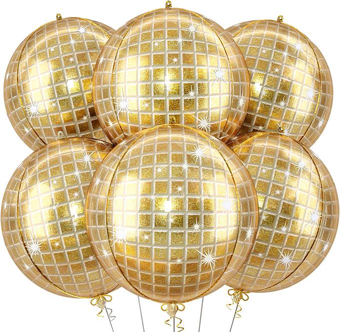 6 Pcs 22 Inch Gold Disco Ball Balloons 4D Foil Decor for Retro Party