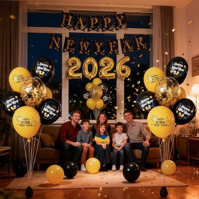 Happy New Year Decorations 2026 Party Supplies Kit with Banner Balloons and Props